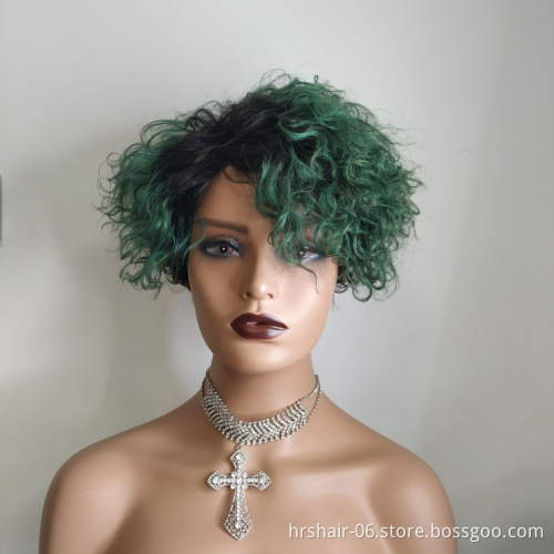 Best price and Hot sell wholesale machine made 6" ombre green/black brown/black remy human  brazilian virgin hair wig